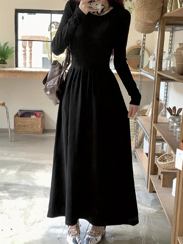 Super Savings Solid Crew Neck Ruffle Hem Dress, Elegant Long Sleeve Aline Dress For Spring & Fall, Women's Clothing Super Savings Solid Crew Neck Ruffle Hem Dress, Elegant Long Sleeve Aline Dress For Spring & Fall, Women's Clothing