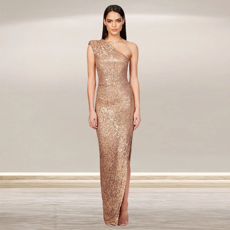 Deep Savings SIXSR 2025 women's one-shoulder split  dress, sweet and spicy 2025 trade independent station sleeveless sequin dress