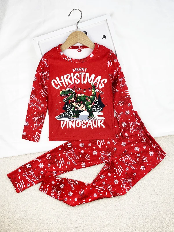 Today Only Boys/Girls Long Sleeve Top Long Pants Clothes Set, New Year Red Festival Christmas Dinosaur Print Windproof Warm Fleece High Elasticity Comfortable And Soft Underwear Set For Autumn/ Winter