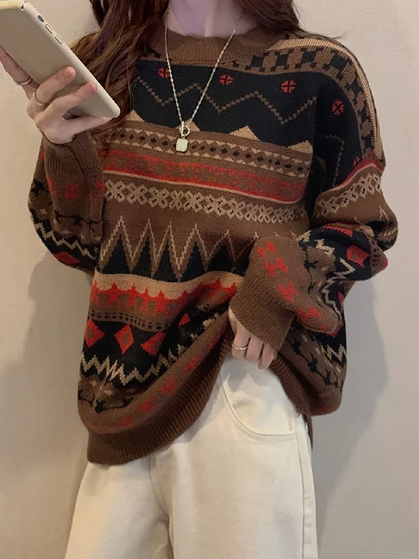 Savings Galore Sixsr Geo Pattern Crew Neck Pullover Sweater, Vintage Long Sleeve Loose Sweater, Women's Clothing Savings Galore Sixsr Geo Pattern Crew Neck Pullover Sweater, Vintage Long Sleeve Loose Sweater, Women's Clothing