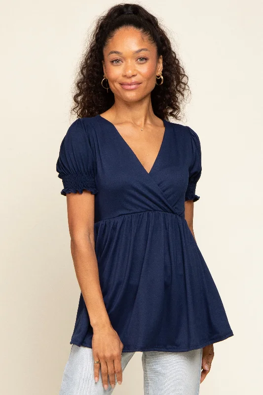 Weekend Savings Spectacular Navy Puff Sleeve Crossover Nursing Top