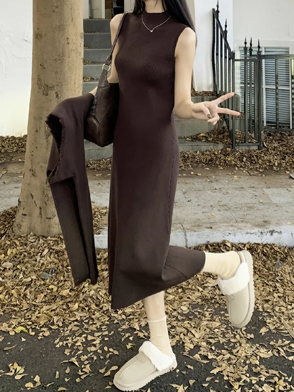 Weekend Offers That Impress Sixsr Mock Neck Knit Tank Dress, Solid Sleeveless A-line Midi Length Tank Dress, Women's Clothing Weekend Offers That Impress Sixsr Mock Neck Knit Tank Dress, Solid Sleeveless A-line Midi Length Tank Dress, Women's Clothing