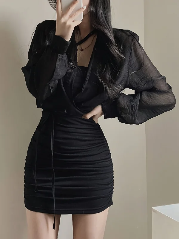 Weekend Discounts to Celebrate Sixsr Solid Wrap Tie Crop Mesh Blouse, Versatile Long Sleeve Blouse For Spring & Fall, Women's Clothing Weekend Discounts to Celebrate Sixsr Solid Wrap Tie Crop Mesh Blouse, Versatile Long Sleeve Blouse For Spring & Fall, Women's Clothing