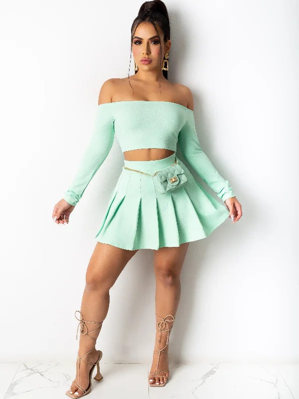 Weekend Offers That Amaze Sixsr Solid Elegant Two-piece Set, Off Shoulder Long Sleeve Crop Top & Pleated Mini Skirt Outfits, Women's Clothing Weekend Offers That Amaze Sixsr Solid Elegant Two-piece Set, Off Shoulder Long Sleeve Crop Top & Pleated Mini Skirt Outfits, Women's Clothing