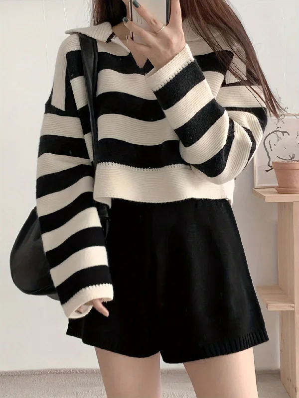 Special Discount Sixsr Striped Notched Collar Pullover Sweater, Casual Long Sleeve Loose Crop Sweater, Women's Clothing Special Discount Sixsr Striped Notched Collar Pullover Sweater, Casual Long Sleeve Loose Crop Sweater, Women's Clothing