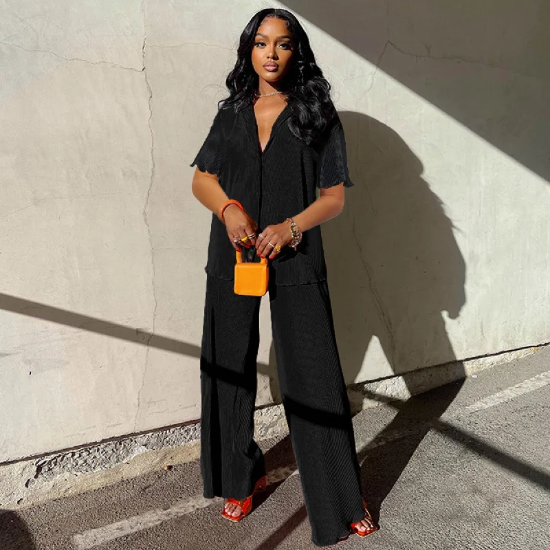 Super Sale SIXSR T126 Europe and America loose and casual spring and summer fashion pleated short-sleeved shirt wide-leg trousers two-piece set Super Sale SIXSR T126 Europe and America loose and casual spring and summer fashion pleated short-sleeved shirt wide-leg trousers two-piece set