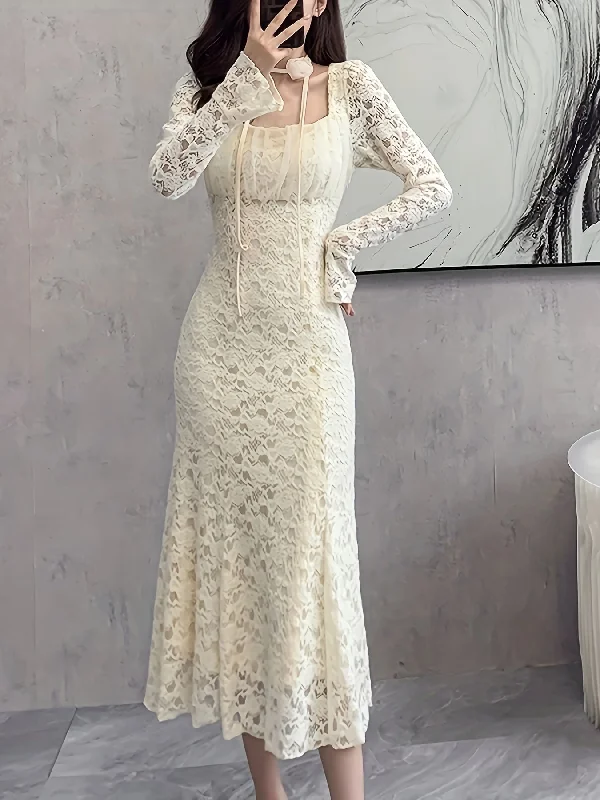 Fantastic Savings Sixsr Square Neck Lace Trumpet Dress, Chic Long Sleeve Ruched Mid Calf Dress, Women's Clothing Fantastic Savings Sixsr Square Neck Lace Trumpet Dress, Chic Long Sleeve Ruched Mid Calf Dress, Women's Clothing