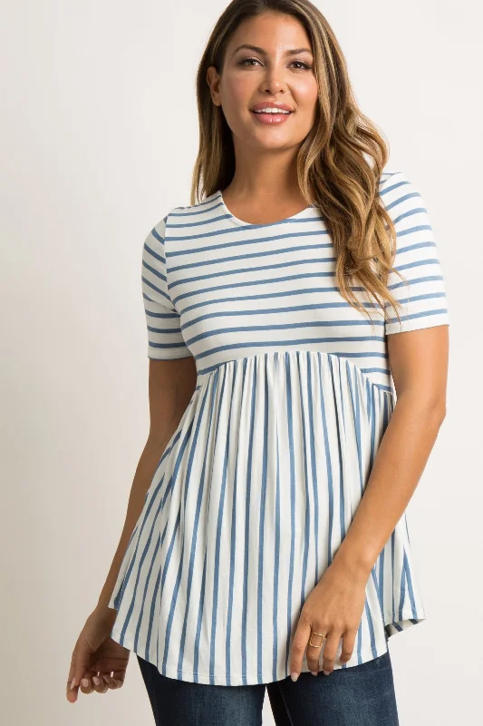 Weekend Savings Spectacle PinkBlush Blue Striped Cross Back Peplum Top