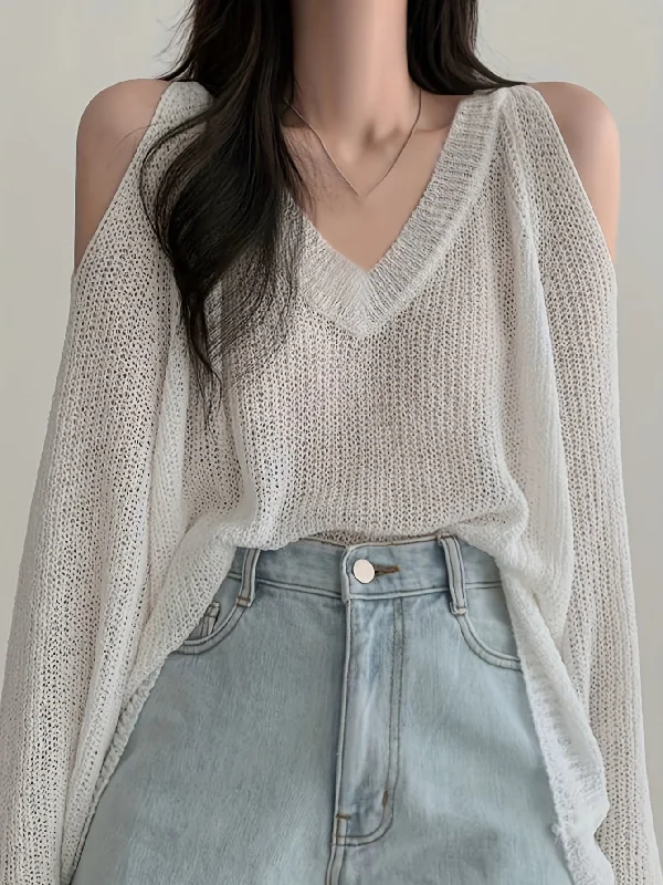 Weekend Offers That Thrill Sixsr Solid V Neck Thin Pullover Sweater, Casual Cold Shoulder Long Sleeve Loose Sweater, Women's Clothing