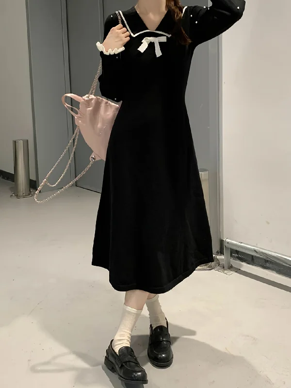 Special Discount Sixsr Bow Decor Collared Beaded Dress, Chic Long Sleeve A-line Midi Dress, Women's Clothing