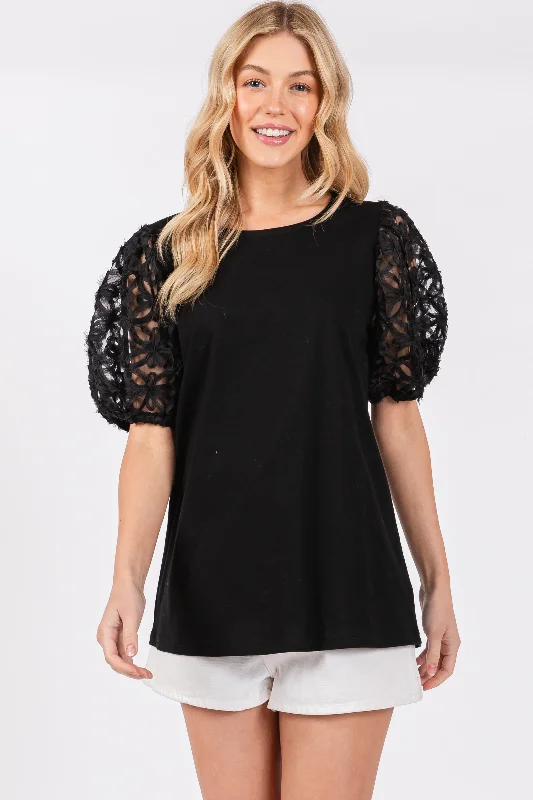 Overstock Sale Black Floral Mesh Sleeve Blouse
