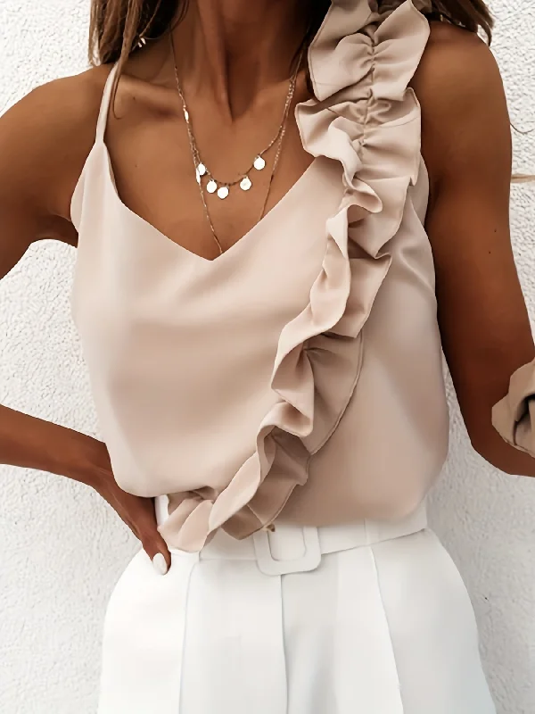 Weekend Specials You Can't Miss Ruffle Hem Spaghetti Strap Top, Elegant V-neck Sleeveless Cami Top For Summer, Women's Clothing Weekend Specials You Can't Miss Ruffle Hem Spaghetti Strap Top, Elegant V-neck Sleeveless Cami Top For Summer, Women's Clothing