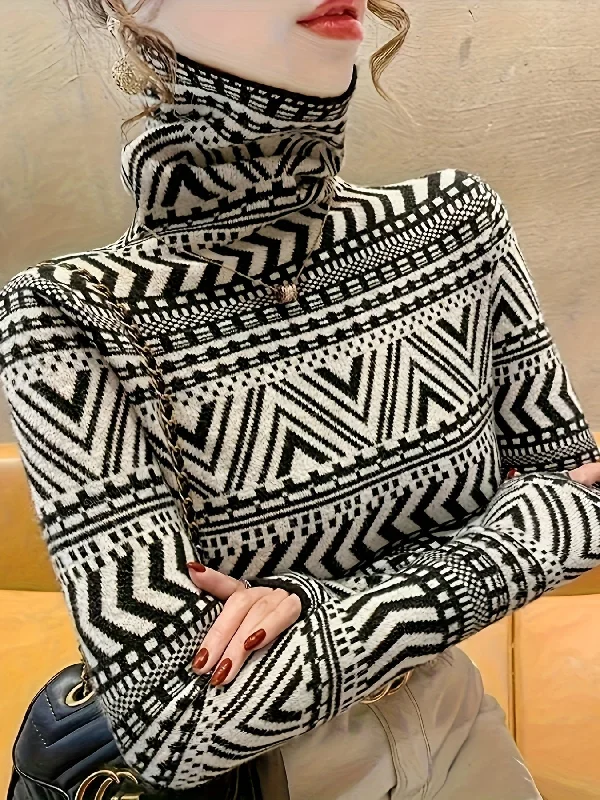 Weekend Discounts to Snag Sixsr Geo Pattern Turtle Neck Pullover Sweater, Elegant Long Sleeve Fashion Slim Sweater, Women's Clothing