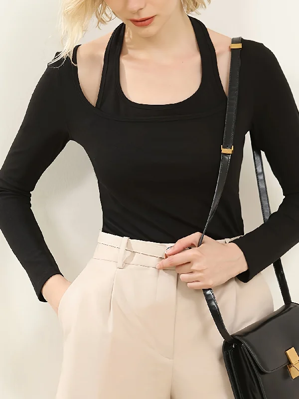 Markdown Sale Sixsr Faux Twinset Halter Neck T-Shirt, Casual Long Sleeve Top For Spring & Fall, Women's Clothing Markdown Sale Sixsr Faux Twinset Halter Neck T-Shirt, Casual Long Sleeve Top For Spring & Fall, Women's Clothing