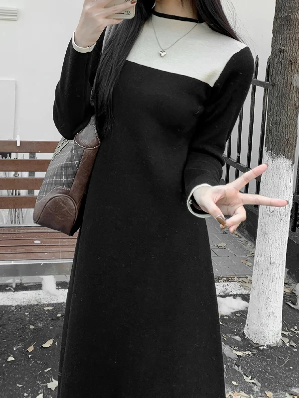 Year-End Sale Sixsr Contrast Trim Midi Dress, Casual Long Sleeve Dress For Spring & Fall, Women's Clothing Year-End Sale Sixsr Contrast Trim Midi Dress, Casual Long Sleeve Dress For Spring & Fall, Women's Clothing