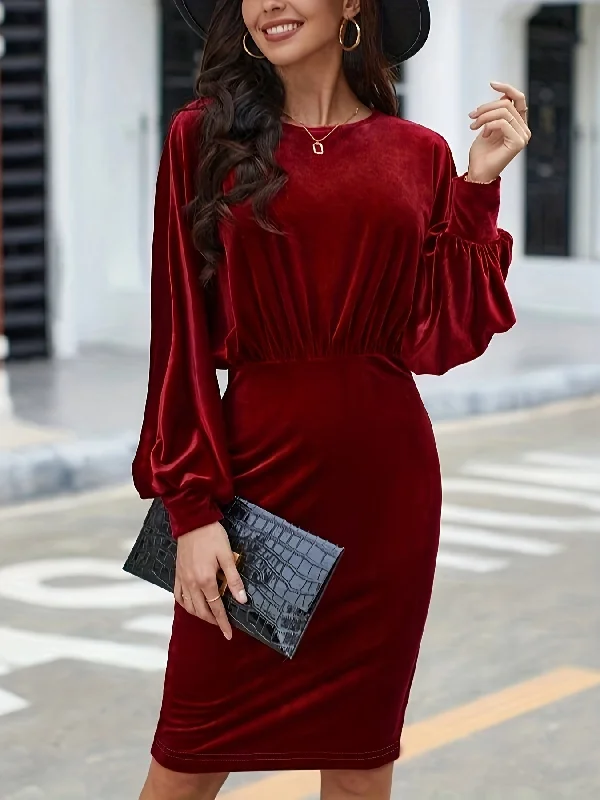 Overstock Sale Sixsr Solid Cinched Waist Velvet Dress, Elegant Lantern Sleeve Bodycon Dress For Fall & Winter, Women's Clothing Overstock Sale Sixsr Solid Cinched Waist Velvet Dress, Elegant Lantern Sleeve Bodycon Dress For Fall & Winter, Women's Clothing
