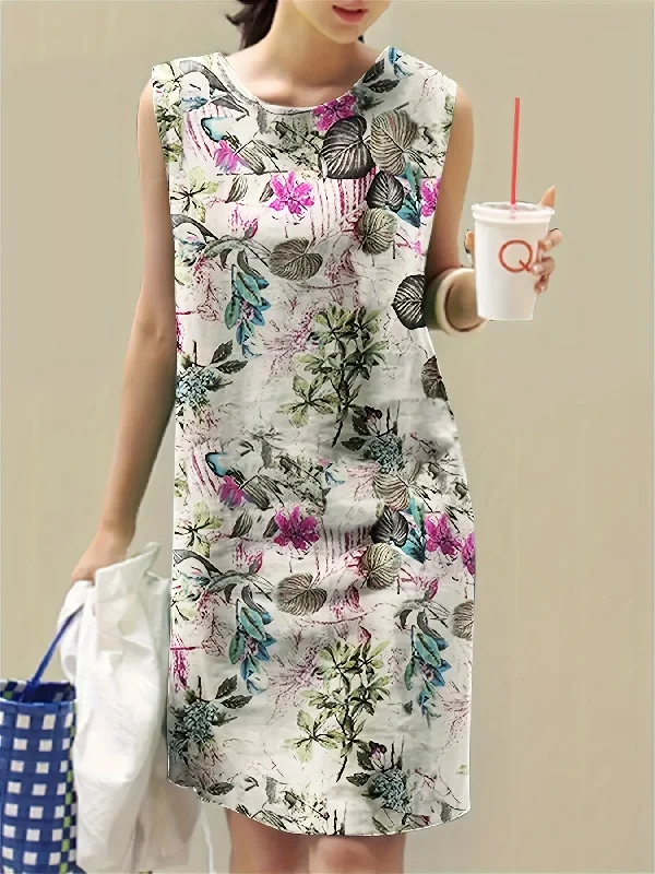 Weekend Shopping Made Better Leaves Print Crew Neck Tank Dress, Vintage Sleeveless Dress For Spring & Summer, Women's Clothing Weekend Shopping Made Better Leaves Print Crew Neck Tank Dress, Vintage Sleeveless Dress For Spring & Summer, Women's Clothing