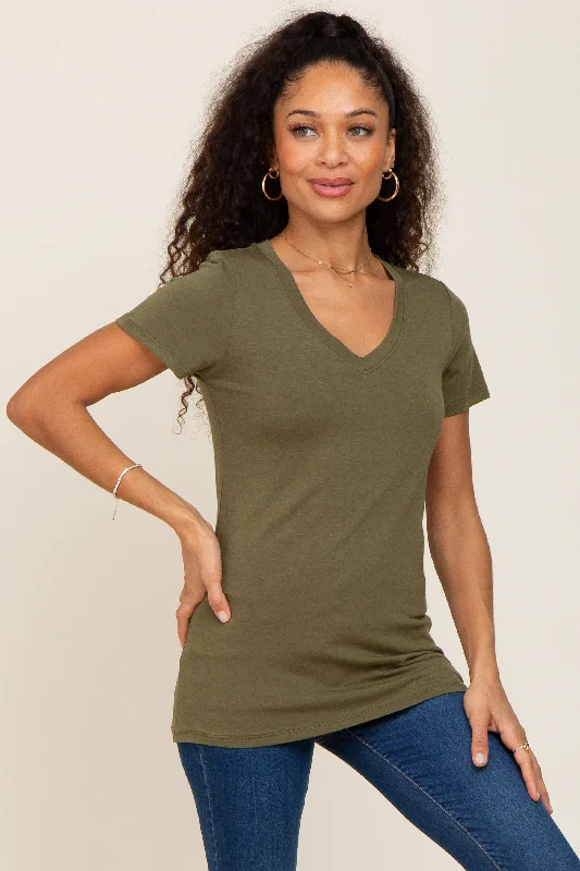 Massive Savings Olive Basic V-Neck Tee