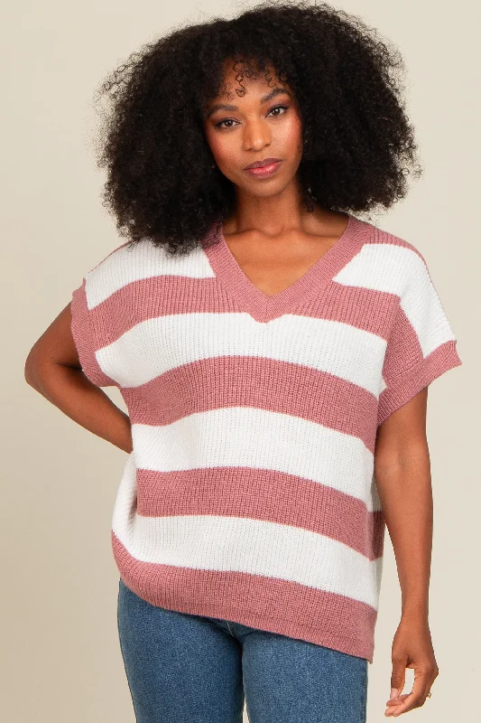 Year-End Deals Mauve Striped V-Neck Sweater Top