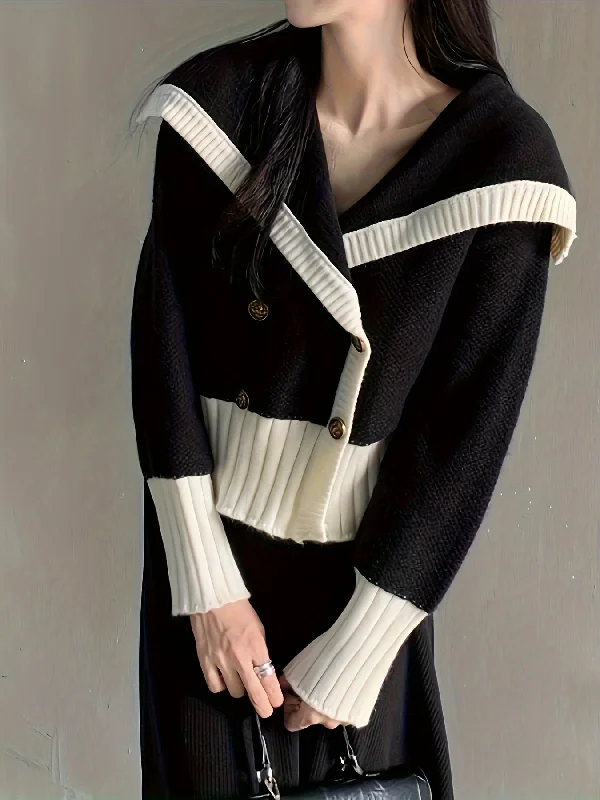 Weekend Specials to Indulge In Sixsr Color Block Double Breasted Knit Cardigan, Casual Collared Long Sleeve Thick Sweater, Women's Clothing Weekend Specials to Indulge In Sixsr Color Block Double Breasted Knit Cardigan, Casual Collared Long Sleeve Thick Sweater, Women's Clothing