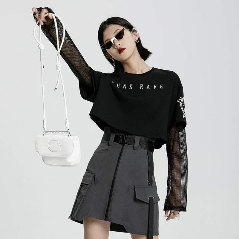 Price Drop Women's Grunge Two-piece Loose Black T-shirt with Mesh Tops