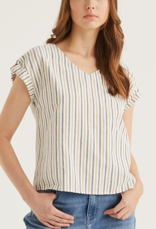 Steal Deal Striped V Neck Cuffed Sleeve Blouse