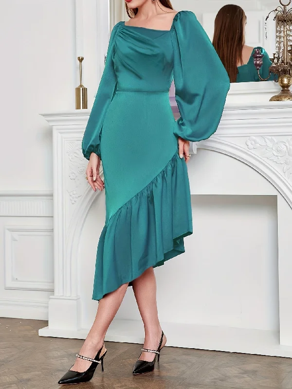 Time-Sensitive Sixsr Solid Asymmetrical Hem Smocked Dress, Elegant Lantern Sleeve Dress For Spring & Fall, Women's Clothing Time-Sensitive Sixsr Solid Asymmetrical Hem Smocked Dress, Elegant Lantern Sleeve Dress For Spring & Fall, Women's Clothing