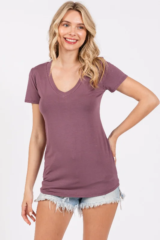 Year-End Clearance Purple V-Neck Short Sleeve Top