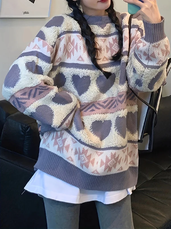 Weekend Discounts to Enjoy Sixsr Heart Pattern Crew Neck Pullover Sweater, Vintage Long Sleeve Soft Oversized Sweater, Women's Clothing Weekend Discounts to Enjoy Sixsr Heart Pattern Crew Neck Pullover Sweater, Vintage Long Sleeve Soft Oversized Sweater, Women's Clothing