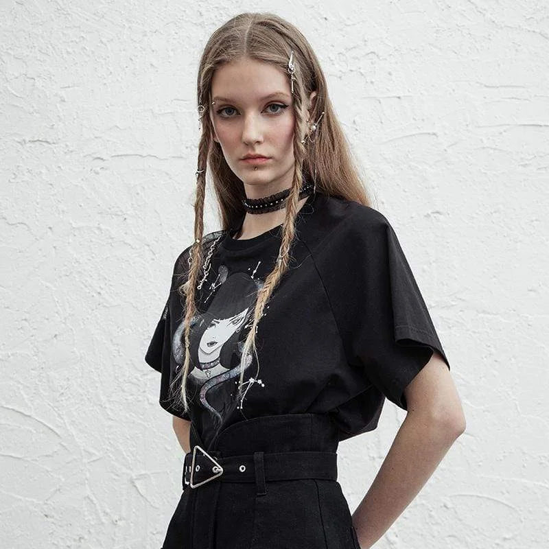 Time-Sensitive Women's Grunge Hell Girl Printed Casual Tees with Metal Chain