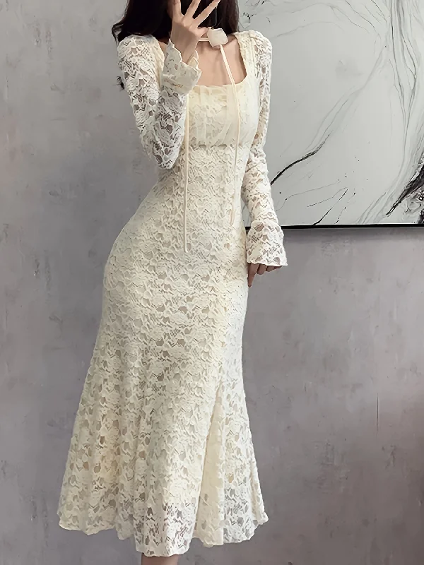 Weekend Bargains to Sizzle Sixsr Square Neck Lace Trumpet Dress, Chic Long Sleeve Ruched Mid Calf Dress, Women's Clothing Weekend Bargains to Sizzle Sixsr Square Neck Lace Trumpet Dress, Chic Long Sleeve Ruched Mid Calf Dress, Women's Clothing