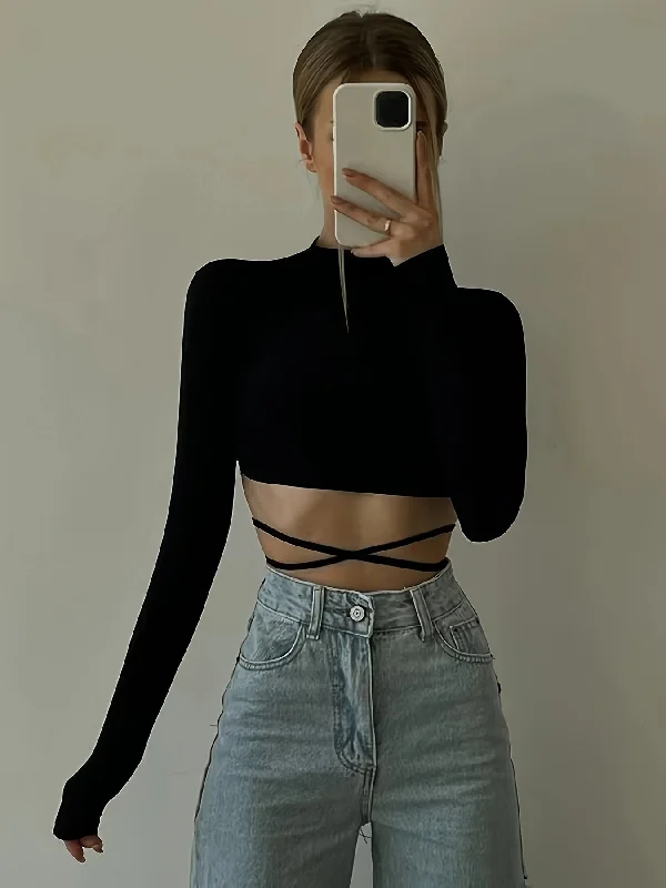 Weekend Offers That Delight Sixsr  Solid Cross Strap Mock Neck Crop T-Shirt, Casual Long Sleeve Top For Spring & Fall, Women's Clothing