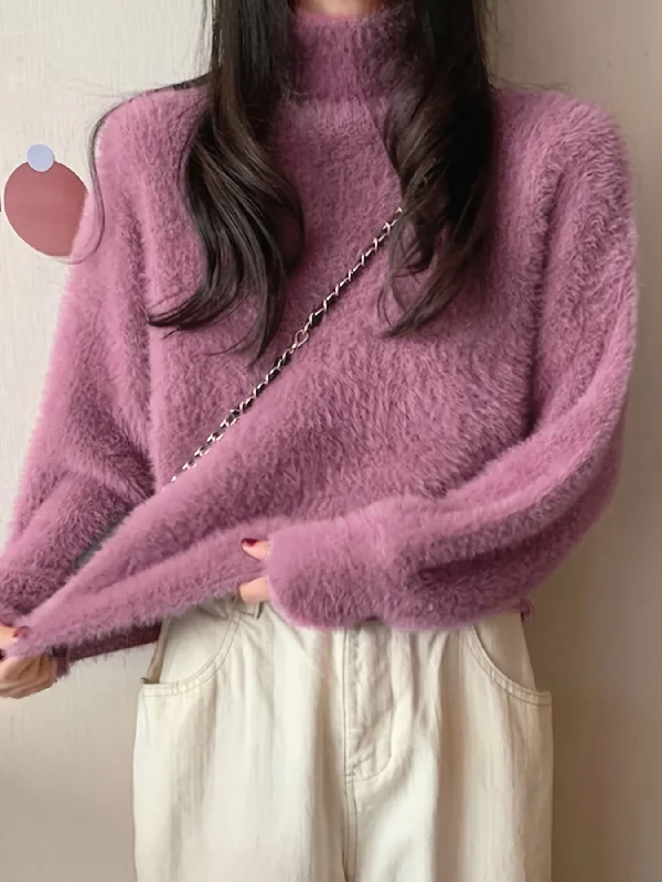 Savings Event Sixsr Solid Mock Neck Plush Pullover Sweater, Casual Ong Sleeve Cozy Sweater, Women's Clothing Savings Event Sixsr Solid Mock Neck Plush Pullover Sweater, Casual Ong Sleeve Cozy Sweater, Women's Clothing