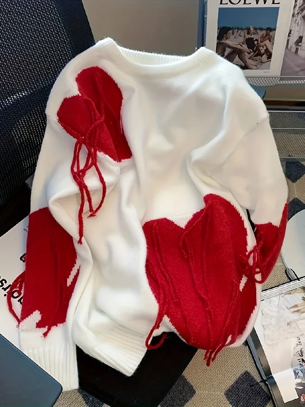 Weekend Savings Fiesta Valentine's Day Heart Print Crew Neck Pullover Sweater, Casual Tassel Long Sleeve Knitted Sweater For Fall & Winter, Women's Clothing Weekend Savings Fiesta Valentine's Day Heart Print Crew Neck Pullover Sweater, Casual Tassel Long Sleeve Knitted Sweater For Fall & Winter, Women's Clothing