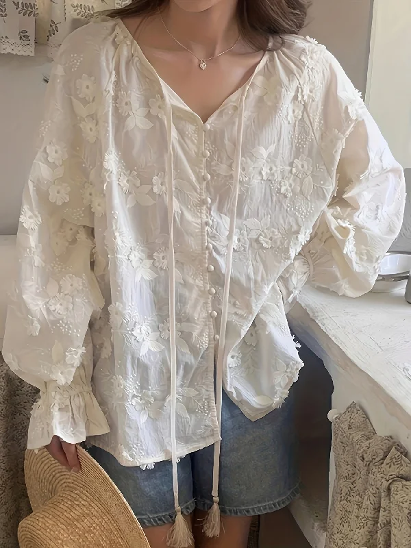 Massive Savings Sixsr Floral Embroidered Blouse, Elegant Drawstring Long Sleeve Blouse, Women's Clothing Massive Savings Sixsr Floral Embroidered Blouse, Elegant Drawstring Long Sleeve Blouse, Women's Clothing
