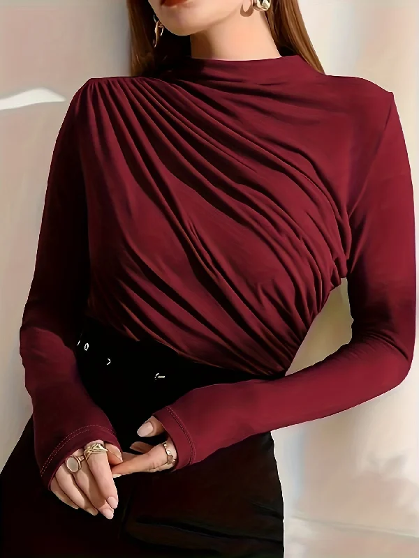 Special Price Sixsr Long Sleeve Ruched T-Shirt, Elegant Solid Top For Fall & Spring, Women's Clothing Special Price Sixsr Long Sleeve Ruched T-Shirt, Elegant Solid Top For Fall & Spring, Women's Clothing