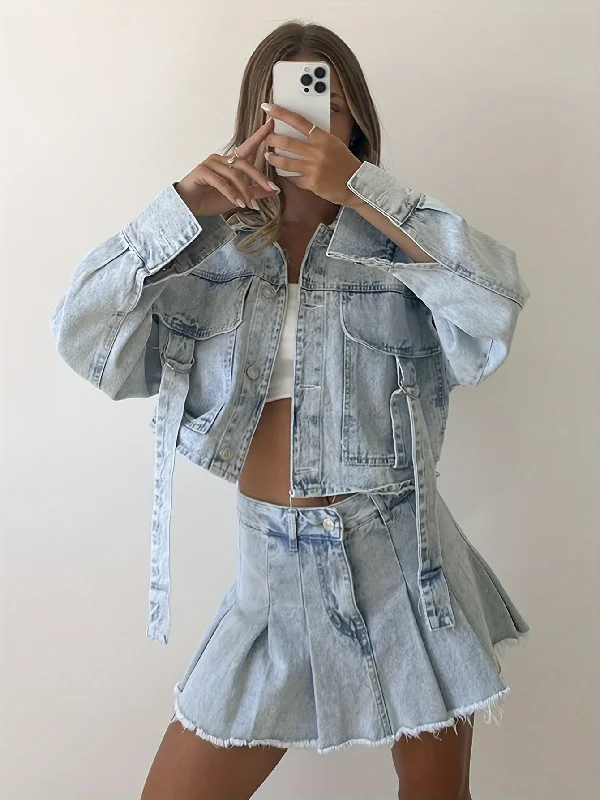 Weekend Bargains to Love Adjustable Strap Flap Pocket Versatile Denim Coat, Long Sleeve Lapel Plain Washed Blue Denim Jacket, Women's Denim Jeans & Clothing Weekend Bargains to Love Adjustable Strap Flap Pocket Versatile Denim Coat, Long Sleeve Lapel Plain Washed Blue Denim Jacket, Women's Denim Jeans & Clothing