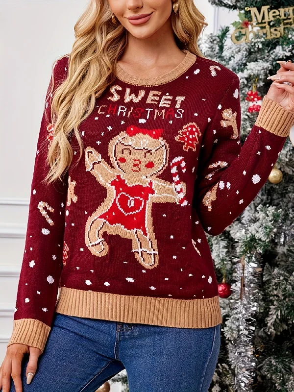 Markdown Sale Christmas Pattern Crew Neck Pullover Sweater, Elegant Long Sleeve Sweater For Fall & Winter, Women's Clothing