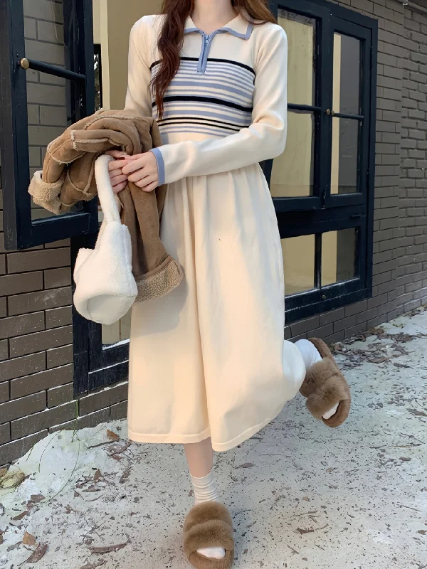 Quick Sale Sixsr Striped Contrast Trim Waist Sweater Dress, Long Sleeve Lapel Collar Causal Dress, Women's Clothing Quick Sale Sixsr Striped Contrast Trim Waist Sweater Dress, Long Sleeve Lapel Collar Causal Dress, Women's Clothing