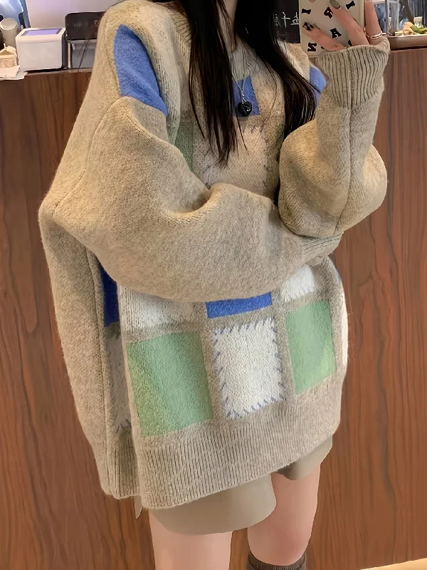 Weekend Bargains to Indulge In Sixsr Color Block Plaid Pullover Sweater, Casual Long Sleeve Crew Neck Sweater, Women's Clothing Weekend Bargains to Indulge In Sixsr Color Block Plaid Pullover Sweater, Casual Long Sleeve Crew Neck Sweater, Women's Clothing