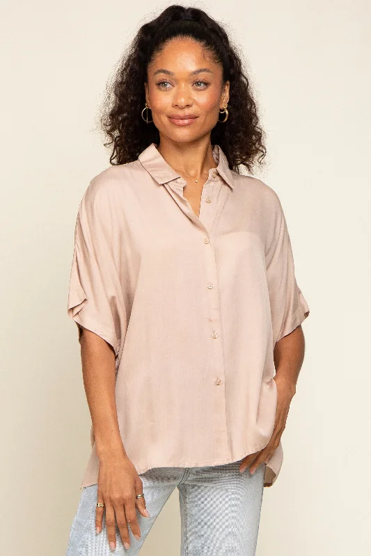 Celebrate the Weekend with Discounts Taupe Button Up Dolman Short Sleeve Top
