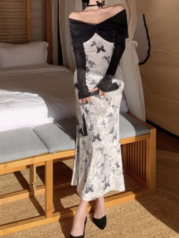 Top Pick Butterfly Print Off Shoulder Dress, Elegant Long Sleeve Dress For Spring & Fall, Women's Clothing Top Pick Butterfly Print Off Shoulder Dress, Elegant Long Sleeve Dress For Spring & Fall, Women's Clothing