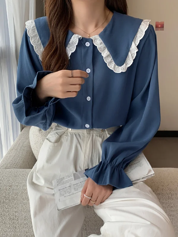 Weekend Discounts to Enjoy Sixsr Eyelet Lace Stitching Peter Pan Collar Shirt, Sweet Long Sleeve Button Front Shirt For Spring & Fall, Women's Clothing Weekend Discounts to Enjoy Sixsr Eyelet Lace Stitching Peter Pan Collar Shirt, Sweet Long Sleeve Button Front Shirt For Spring & Fall, Women's Clothing