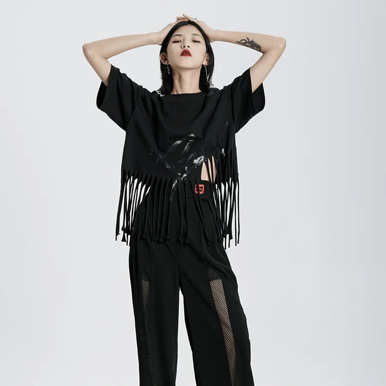 One-Day Only Women's Grunge Fringes Loose Short Sleeved T-shirt