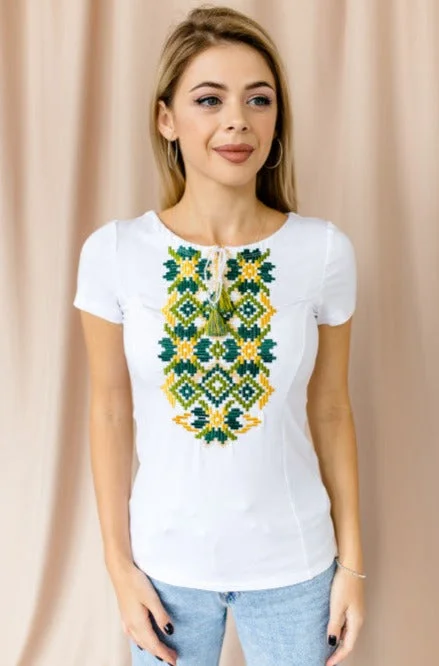 Can't Beat Women's short sleeve white shirt with cross-stitch embroidery. Green