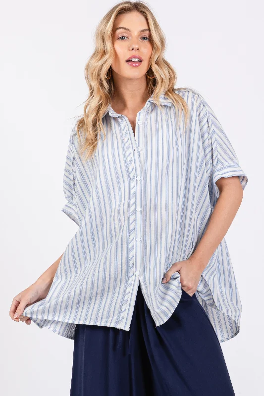 Weekend Bargains to Cherish Blue Striped Button Up Collared Short Sleeve Top