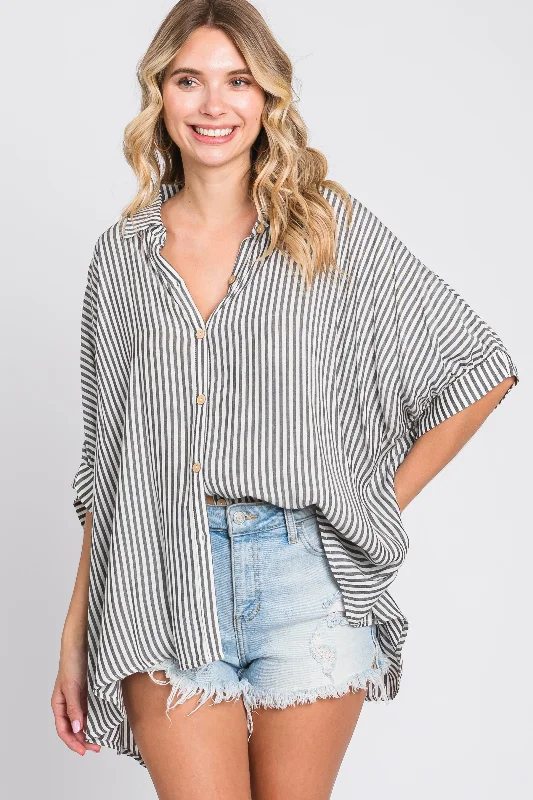 Massive Deal Charcoal Striped Button Up Dolman Top
