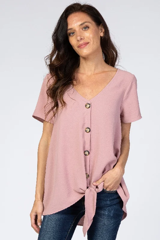 Weekend Specials to Celebrate Dark Mauve Button Tie Front Top