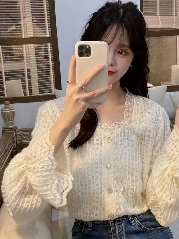 Weekend Specials You Can't Miss Sixsr Contrast Lace Button Front Blouse, Casual Long Sleeve Blouse For Spring & Fall, Women's Clothing