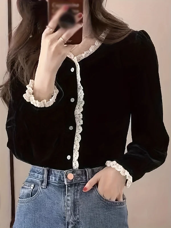 Weekend Bargains to Celebrate Sixsr Lace Stitching V-neck Velvet Blouse, Vintage Long Sleeve Button Front Blouse For Spring & Fall, Women's Clothing Weekend Bargains to Celebrate Sixsr Lace Stitching V-neck Velvet Blouse, Vintage Long Sleeve Button Front Blouse For Spring & Fall, Women's Clothing